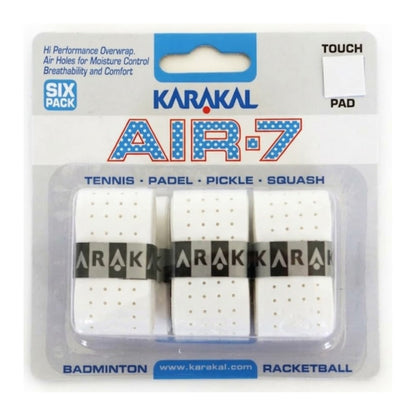 White Karakal Air-7 tennis racket grip packaging with three grips inside.