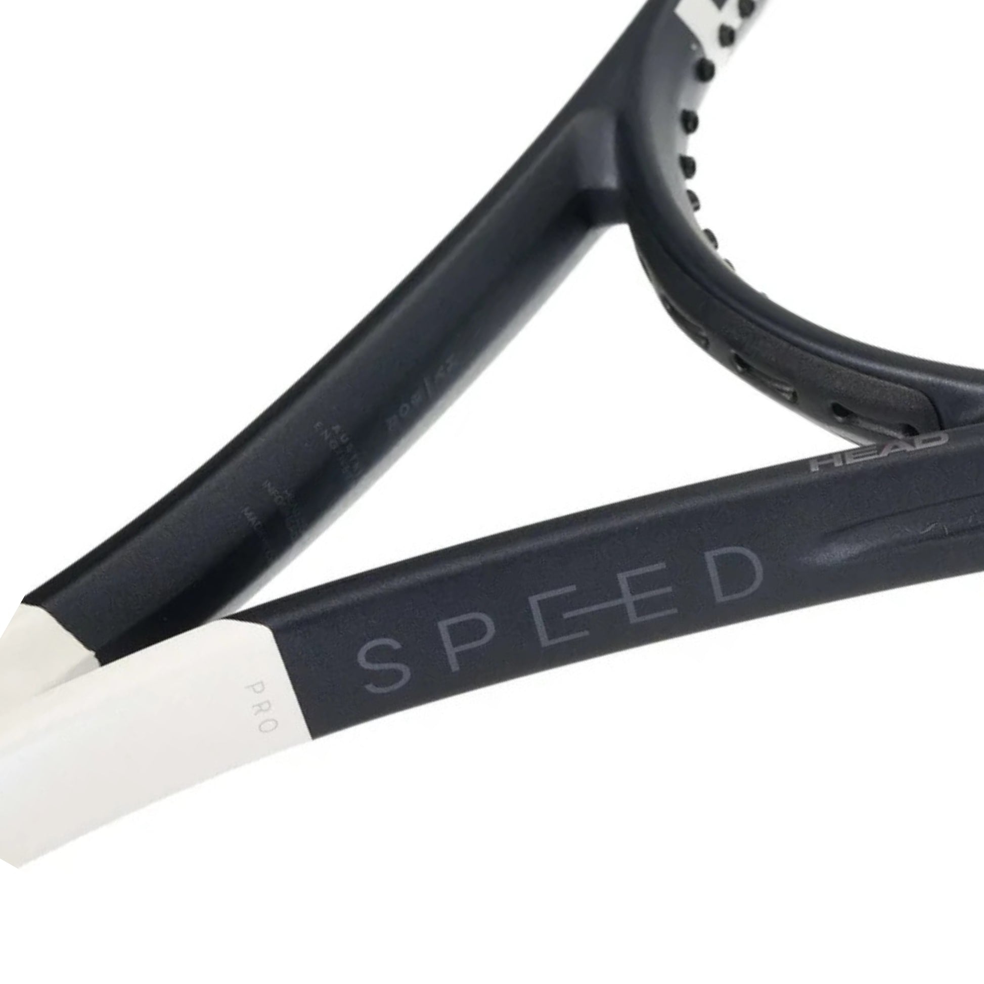 Close-up of a tennis racket with 'SPEED' branding on a white background