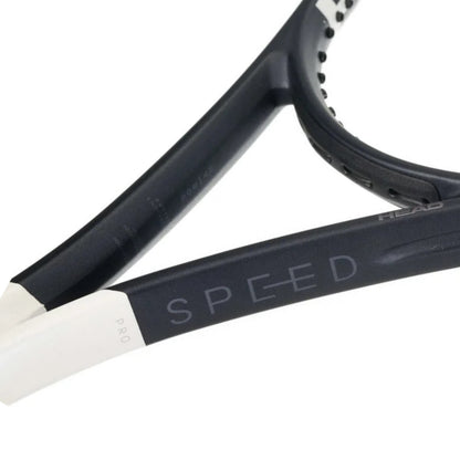 Close-up of a tennis racket with 'SPEED' branding on a white background