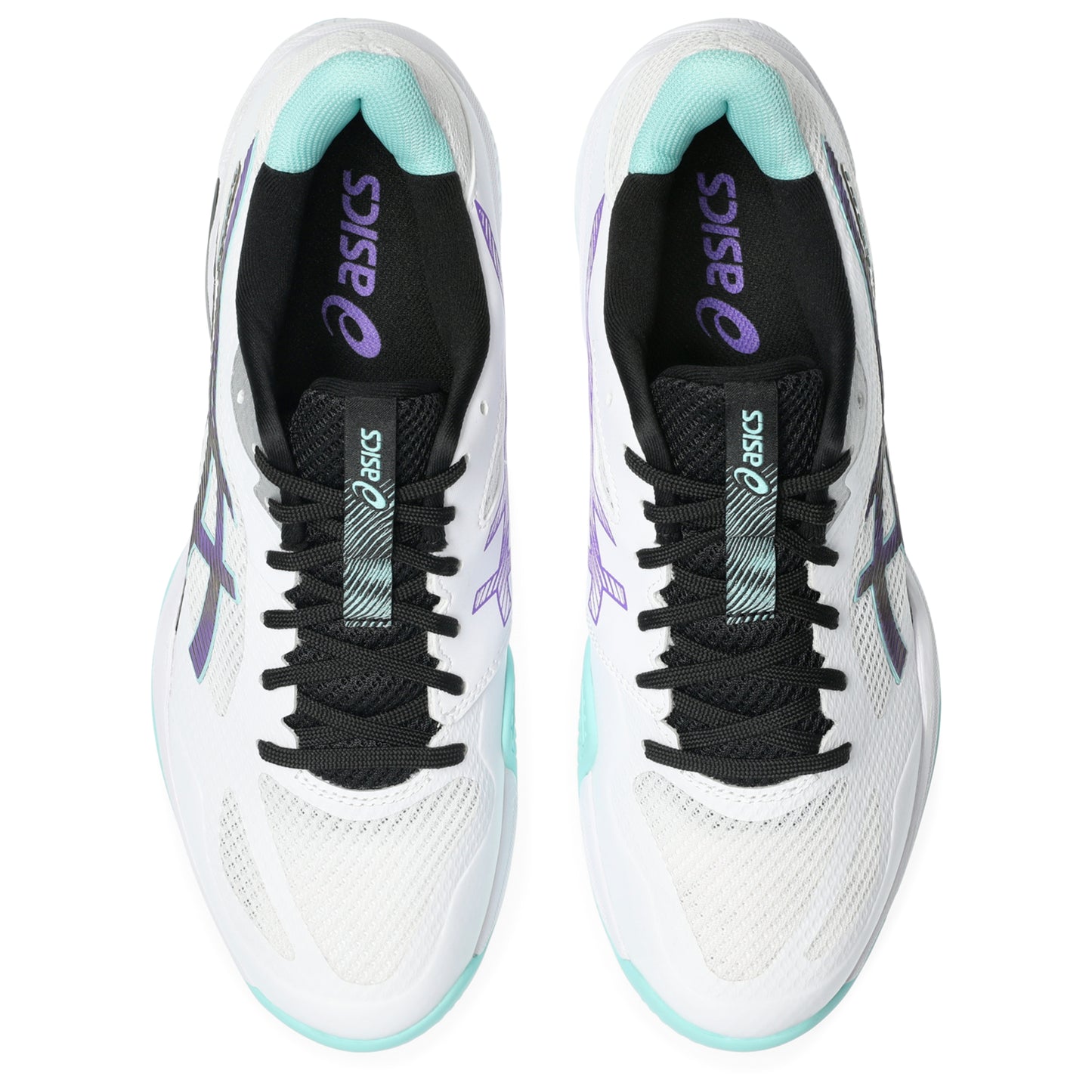 A pair of Asics tennis shoes in white, black, and mint green, shown from a three-quarters angle on a white background.