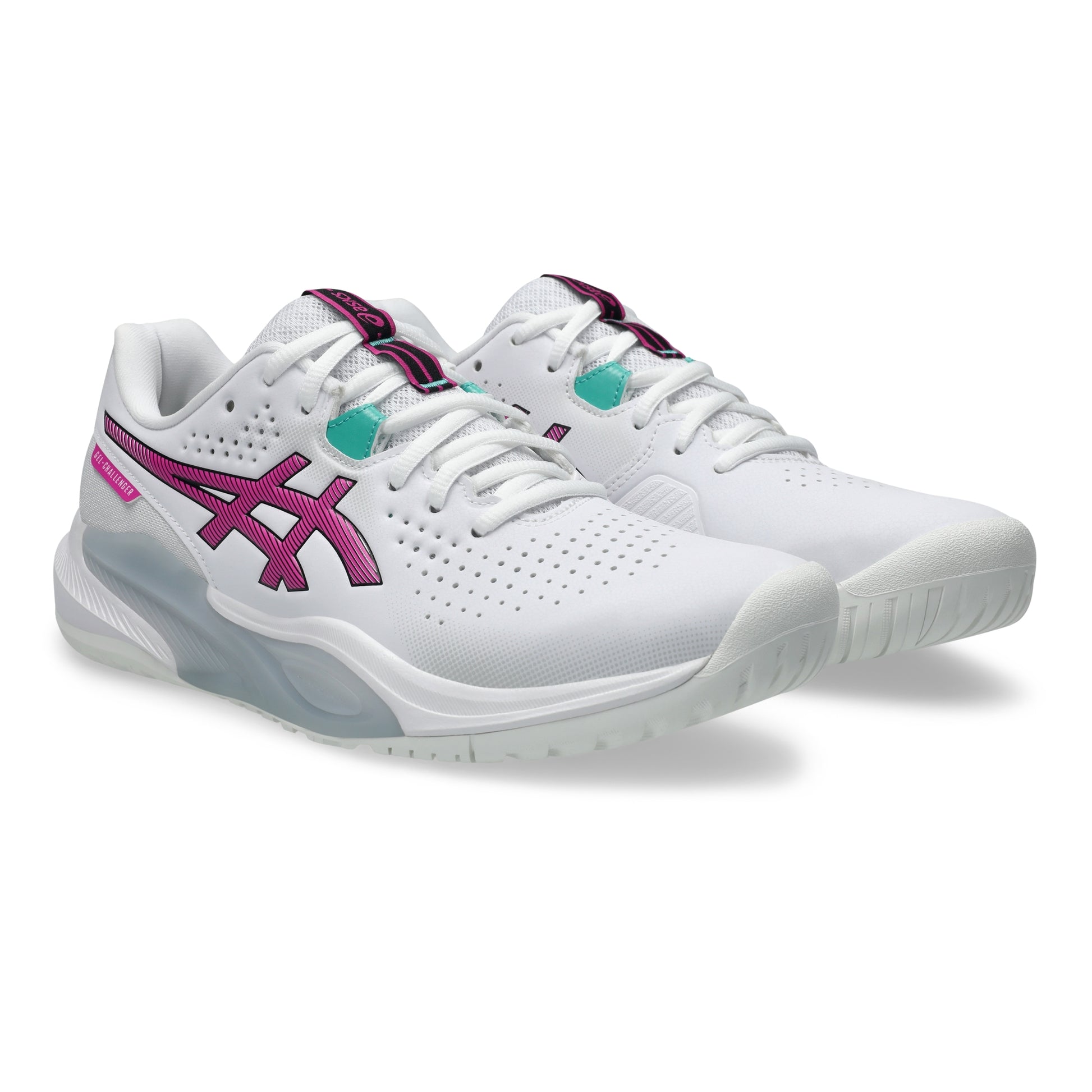 White tennis shoes with pink and green accents on a white background
