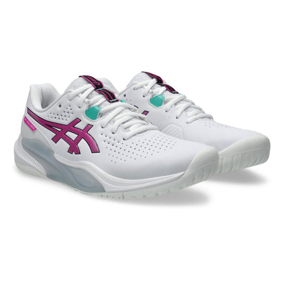 White tennis shoes with pink and green accents on a white background
