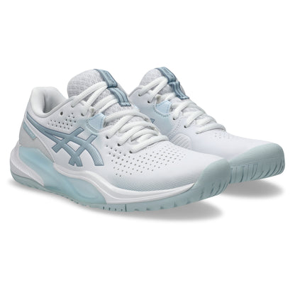 White and blue Asics shoes on a white background