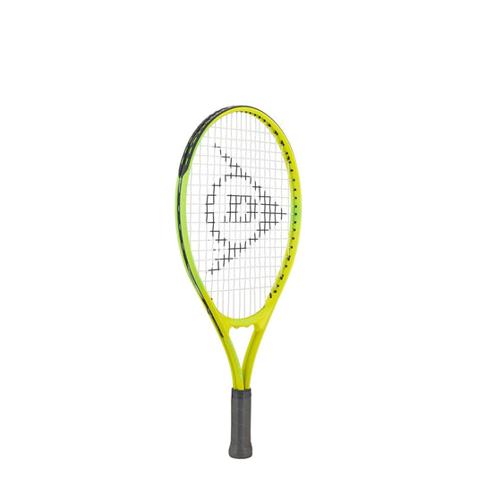 Yellow Dunlop tennis racket with black handle on a white background
