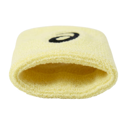 Yellow wristband with a black Asics logo on a white background
