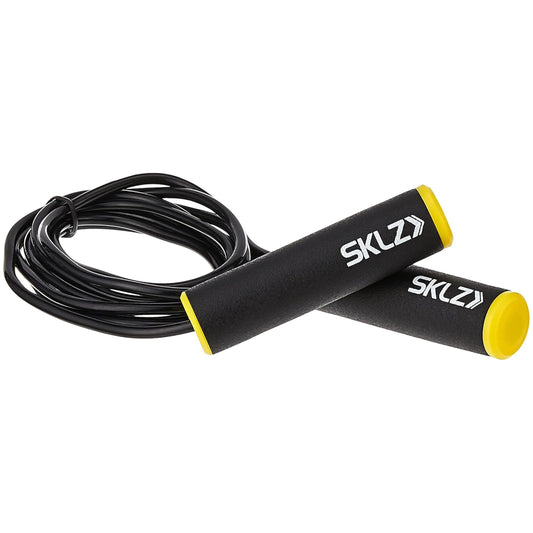SKLZ jump rope with black cord and yellow ends on a white background