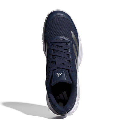 Navy adidas padel shoe with the white logo and a white sole on a white background