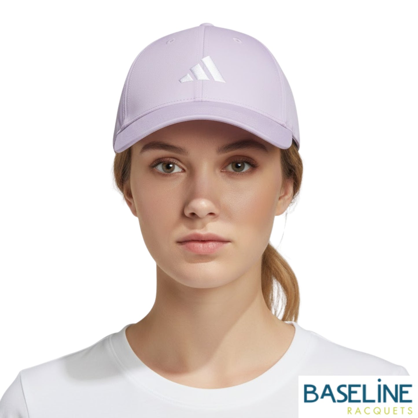 Woman wearing purple cap on a white background