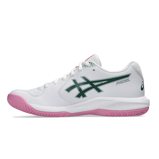 A white ASICS padel shoe with green and pink accents, shown in a side profile on a clean white background.