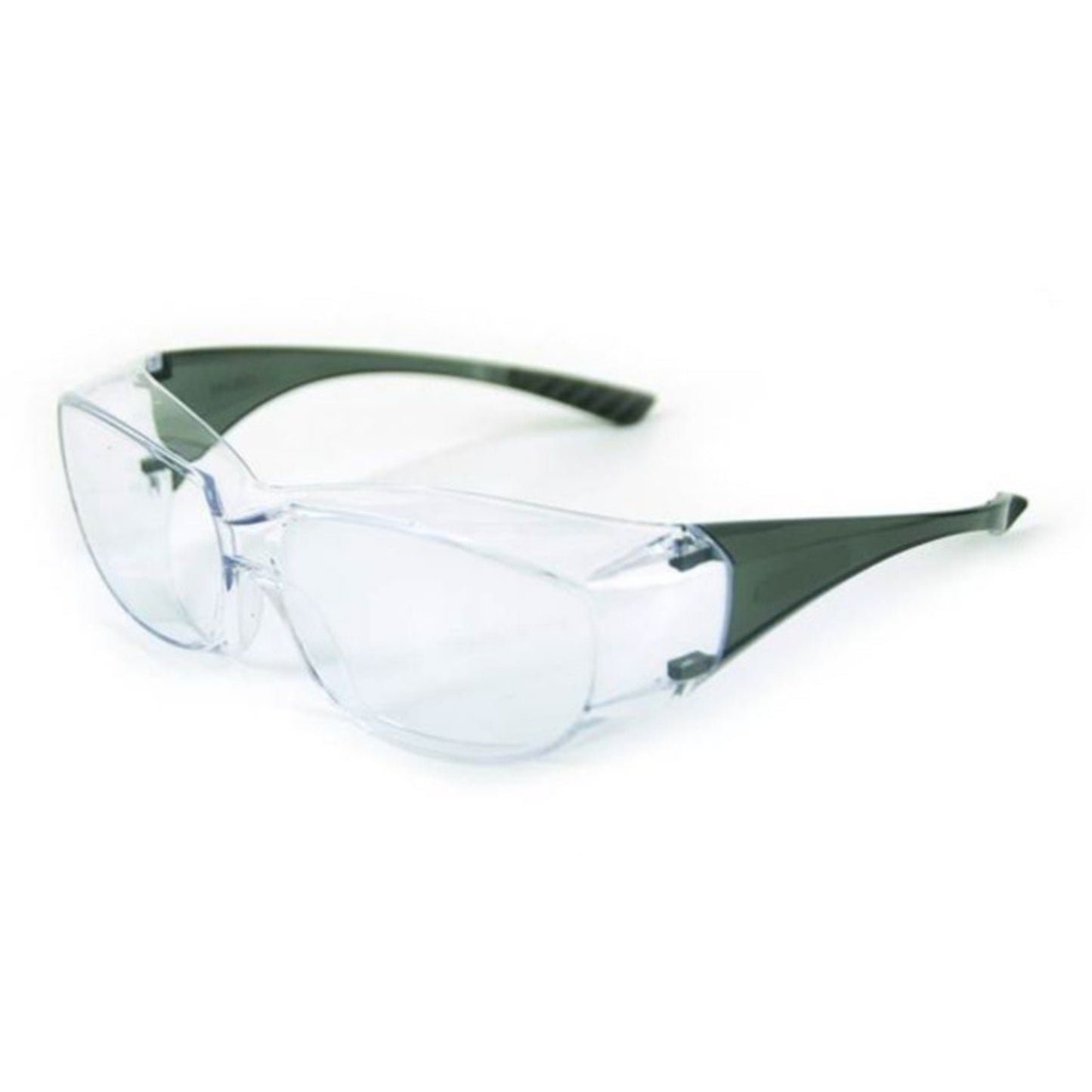 Clear safety glasses with black frames on a white background