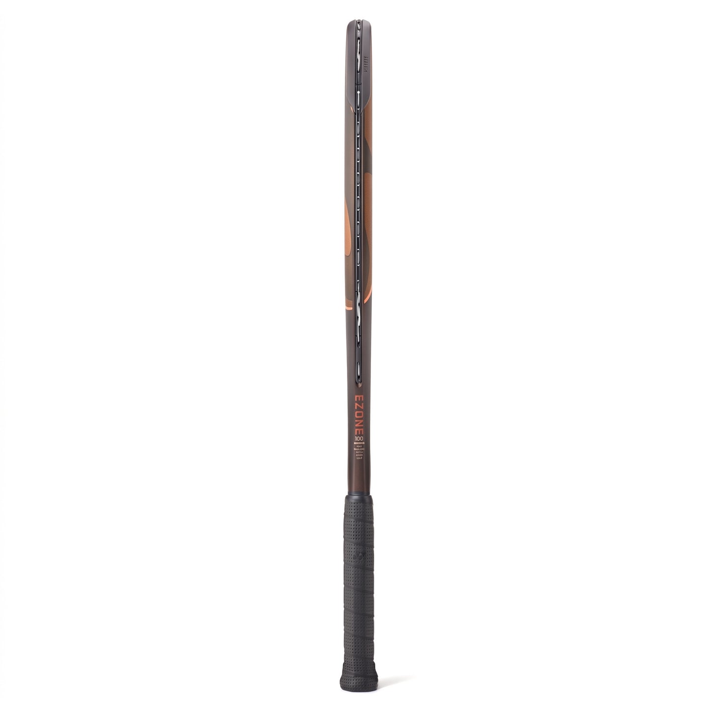 A side view of a brown and range Yonex tennis racket with a black grip on a white background