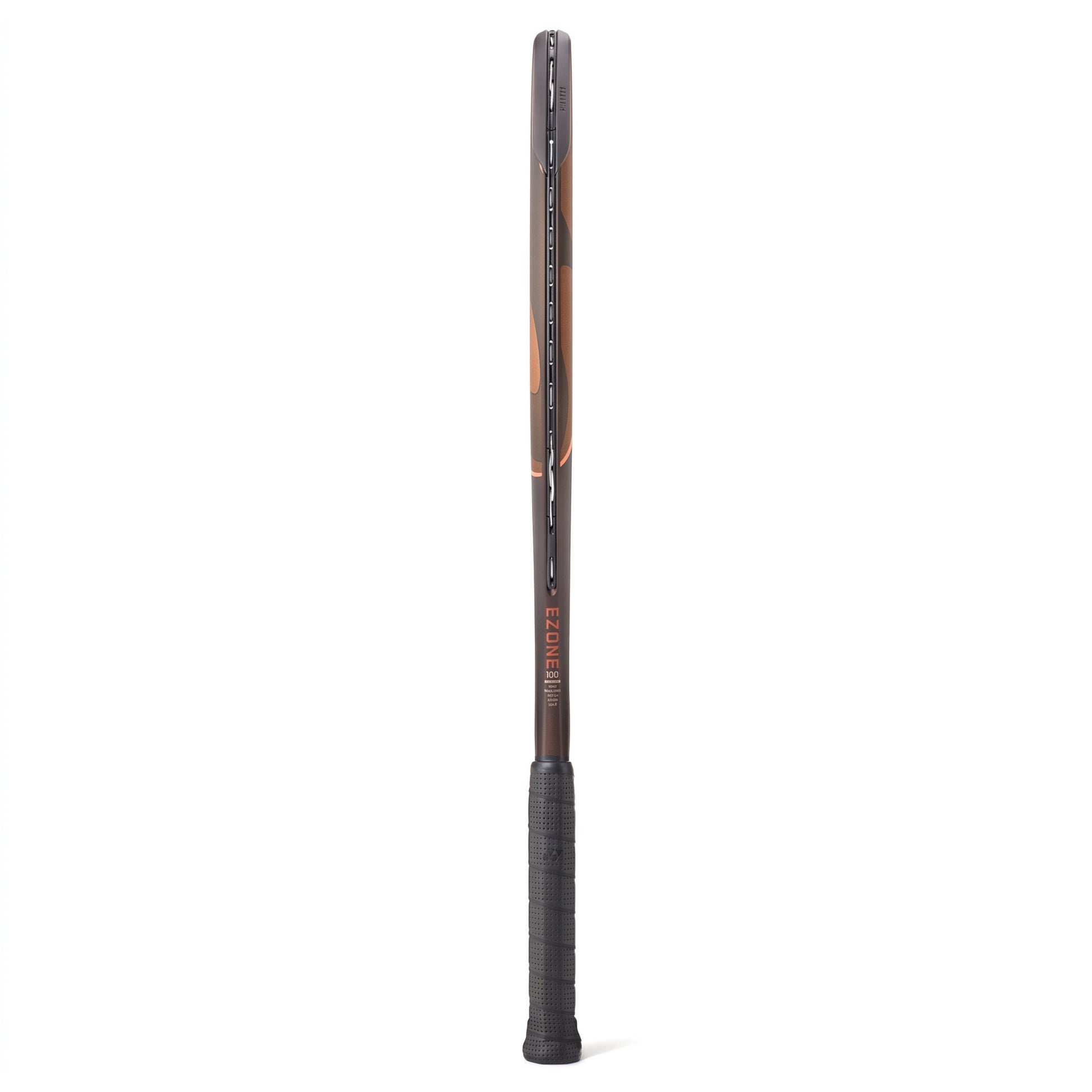A side view of a brown and range Yonex tennis racket with a black grip on a white background
