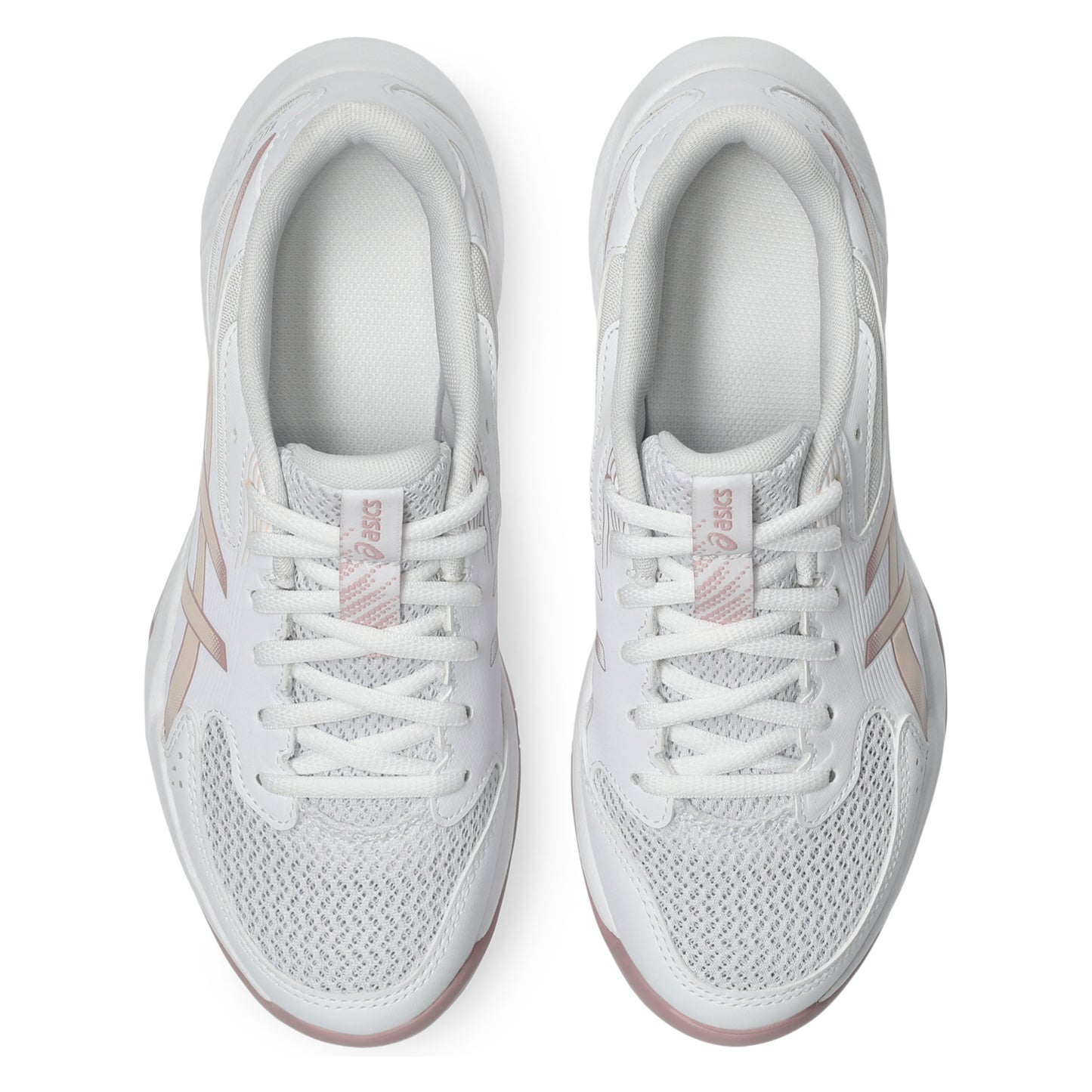 White athletic shoes with pink accents on a white background