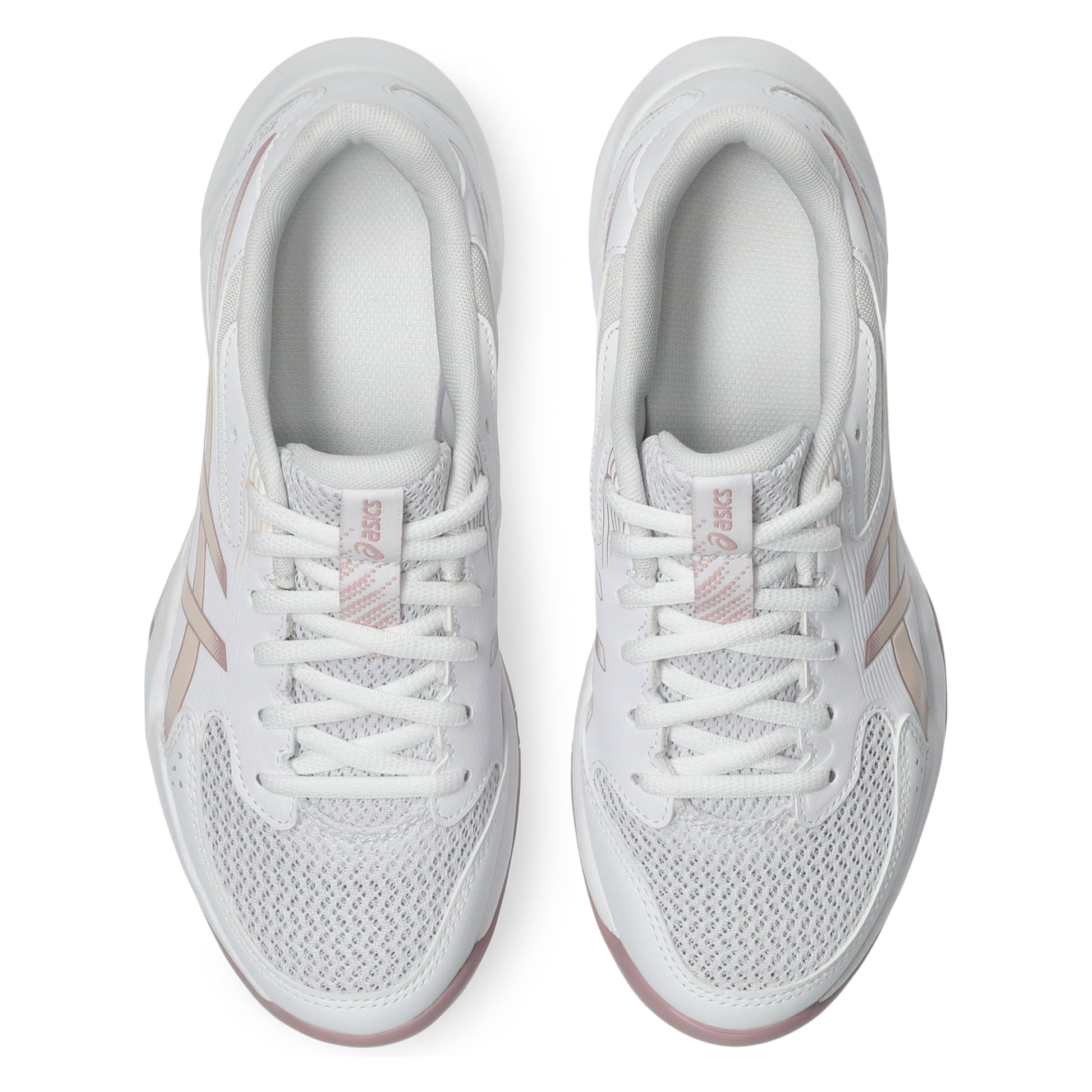 White athletic shoes with pink accents on a white background