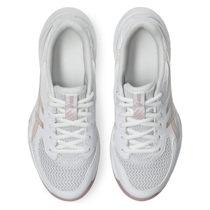 White athletic shoes with pink accents on a white background