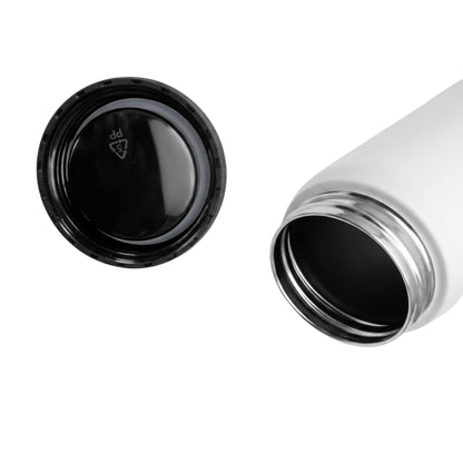 Detail of a white water bottle and a black cap on a white background