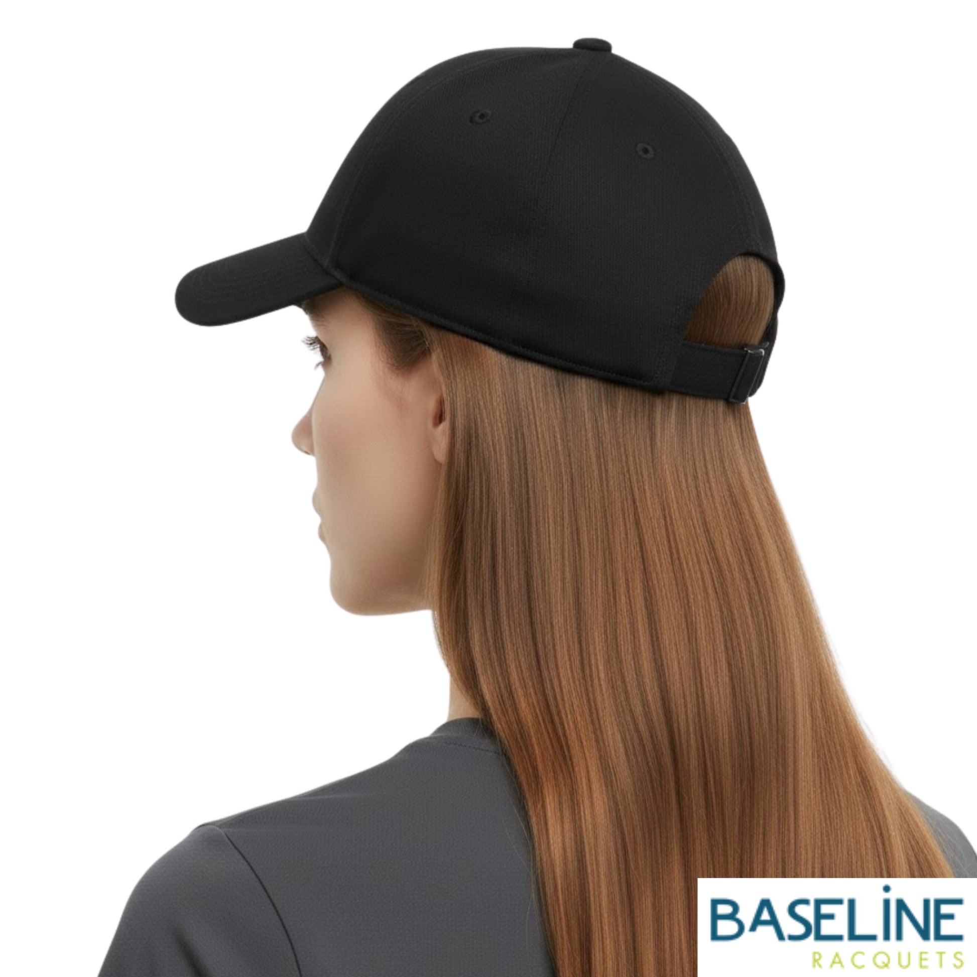 Person wearing a black striped cap with adidas logo on a white background
