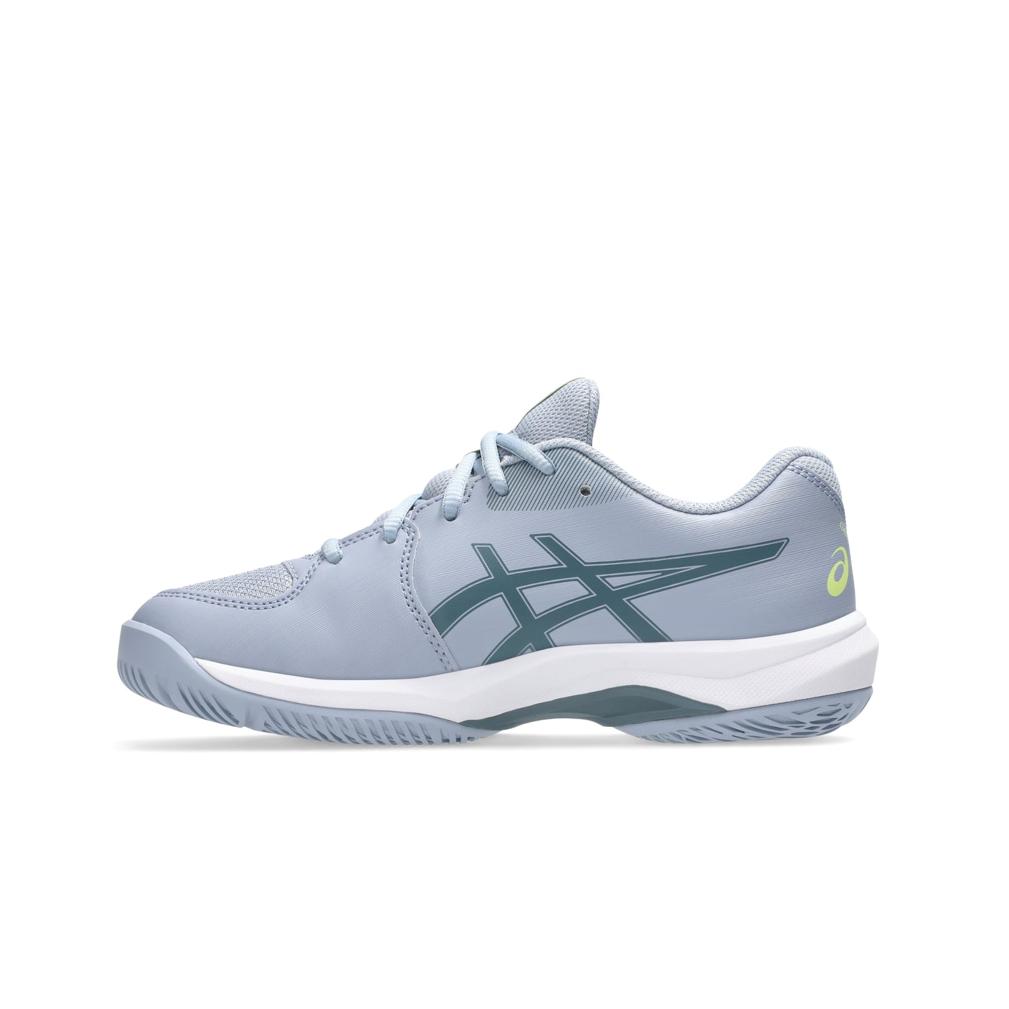 Blue and green Asics shoe on a white background