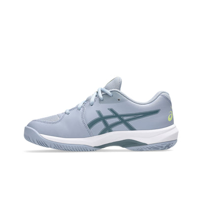 Blue and green Asics shoe on a white background