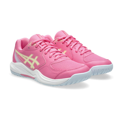 A pair of pink tennis shoess with light yellow Asics stripes and a white and light blue sole, shown on a clean white background.