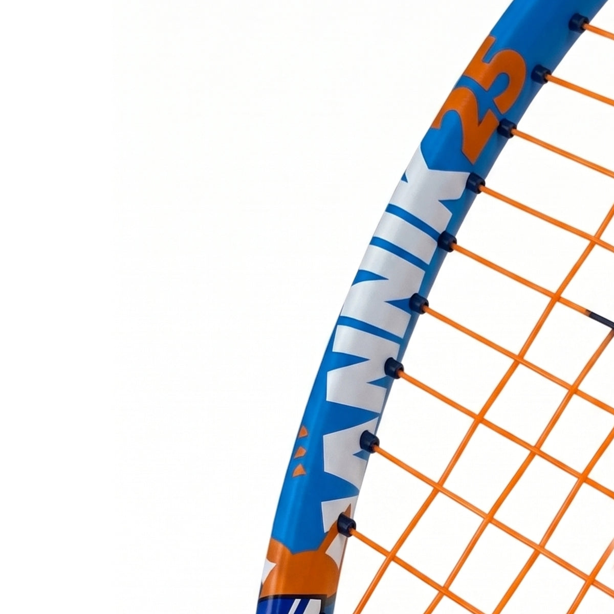 Close-up of a Head tennis racket frame and strings on a white background. The frame is blue with orange and white lettering, and the strings are bright orange.