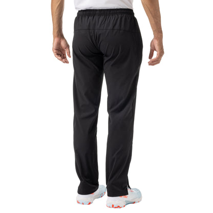 Black athletic pants with a brand logo on a white background