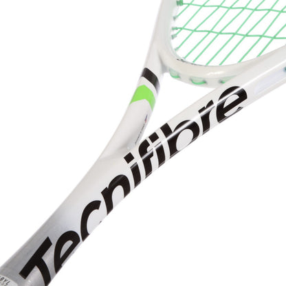 Close-up of a Tecnifibre squash racket showing the white frame, black brand lettering, and light green strings against a white background.