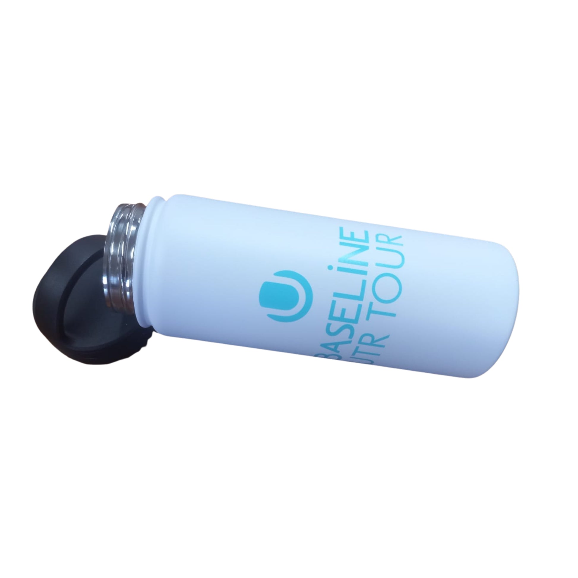 White water bottle with a turquise Baseline UTR Tour Logo on a white background
