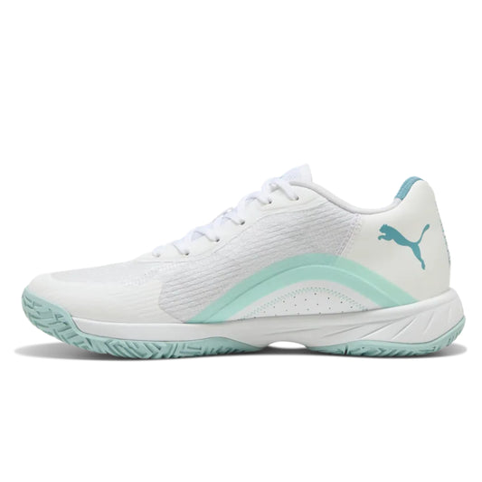 White and light blue netball shoe on a white background
