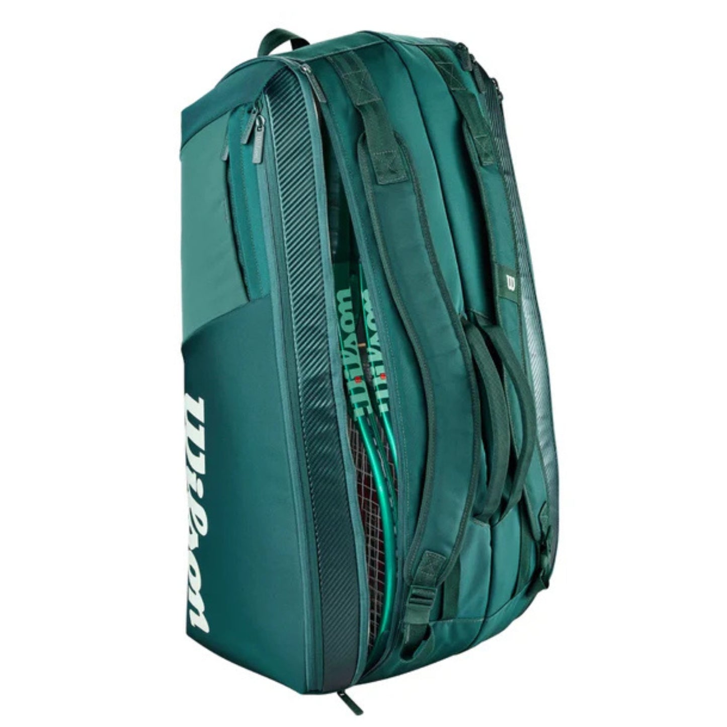 Green tennis racket bag with Wilson logo on a white background
