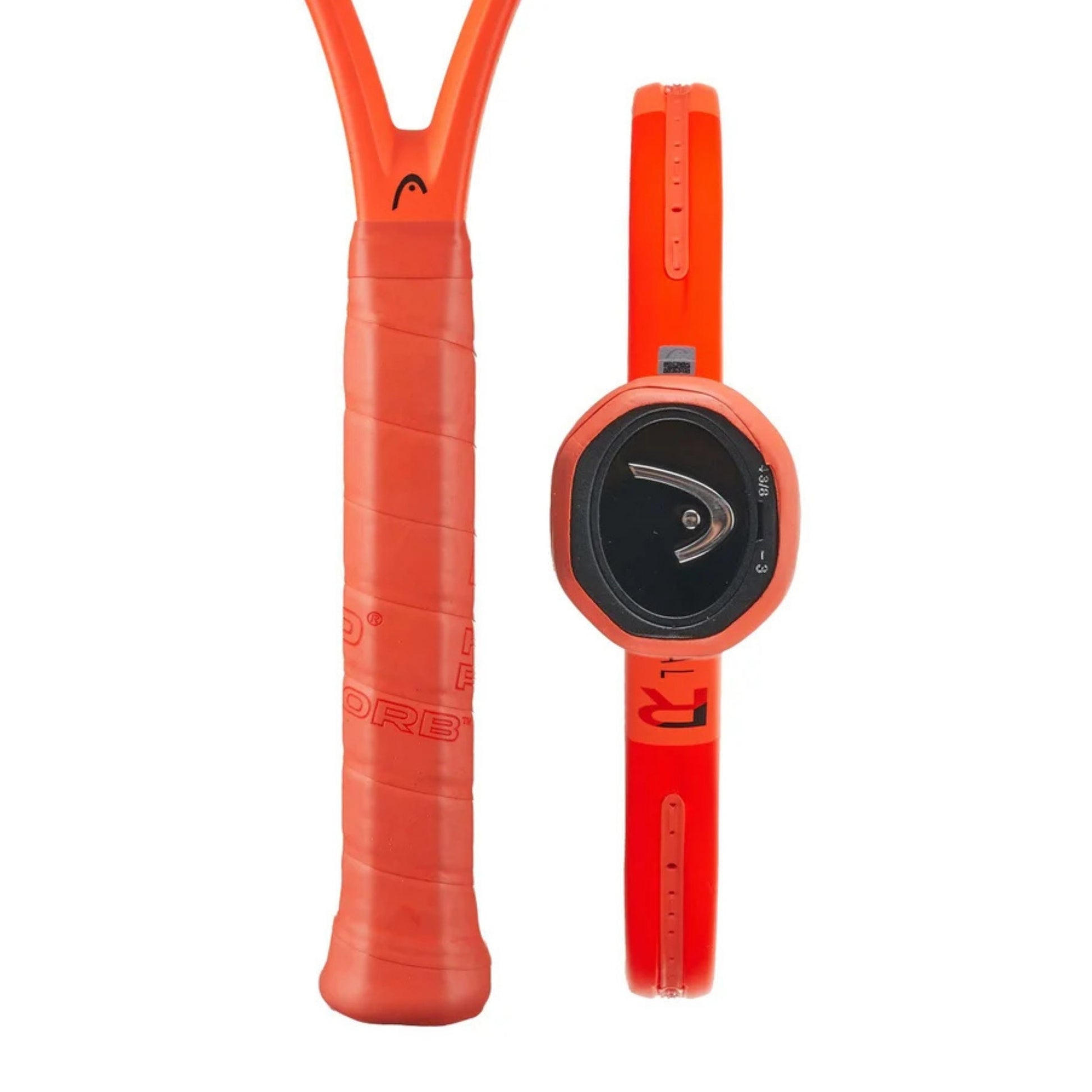 An orange Head tennis racket of a grip and bottom view of the racket on a white background