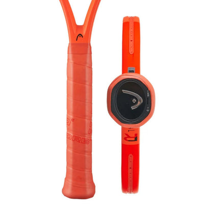 An orange Head tennis racket of a grip and bottom view of the racket on a white background