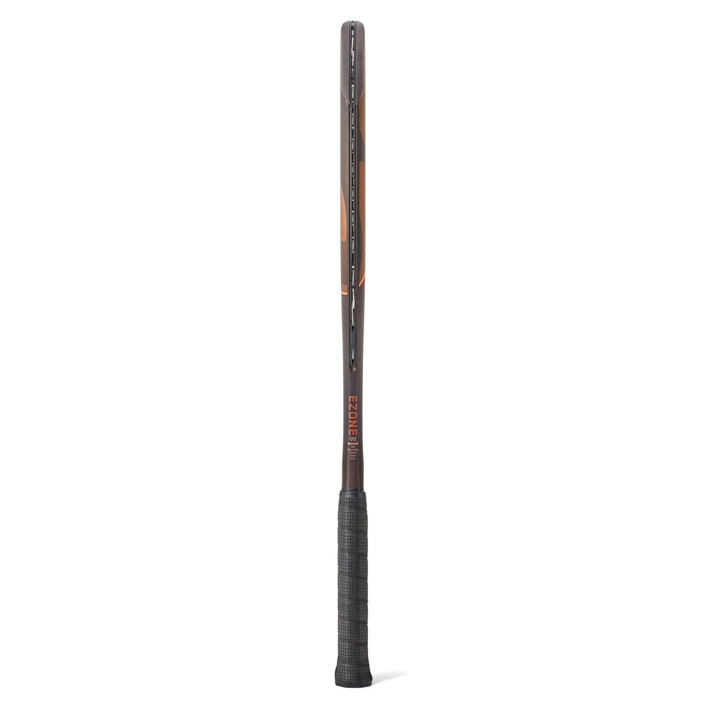 A side view of a brown and range Yonex tennis racket with a black grip on a white background