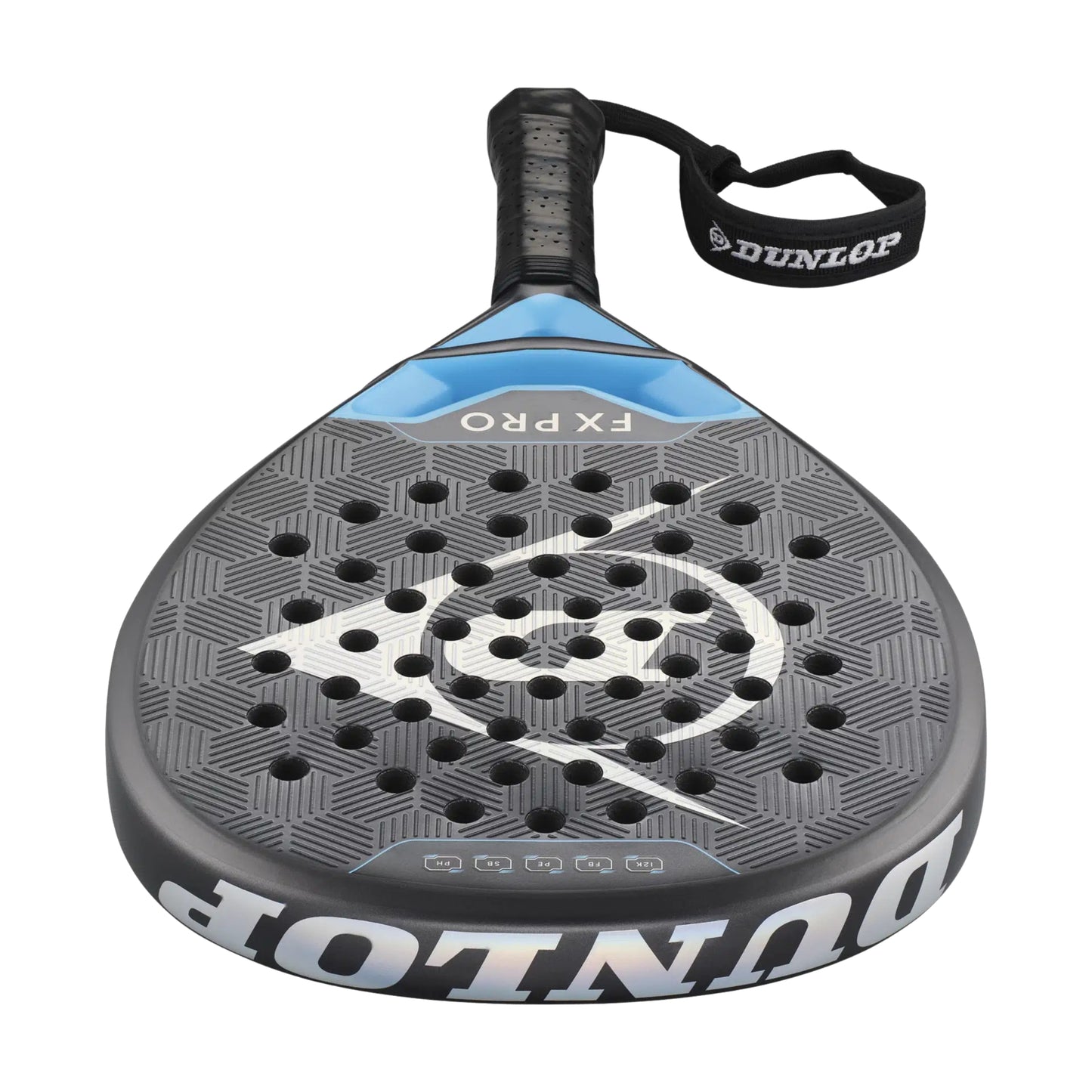 Dunlop padel racket with blue and black design on a white background