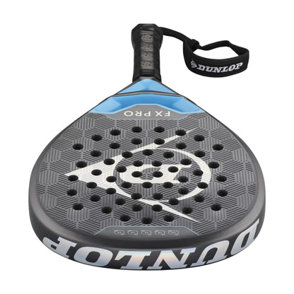 Dunlop padel racket with blue and black design on a white background