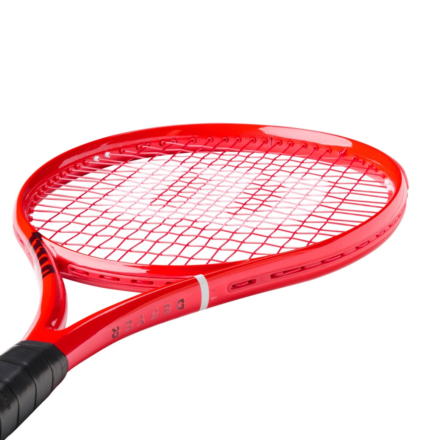 A close-up studio shot of a red Wilson tennis racket head and part of the black grip on a plain white background.