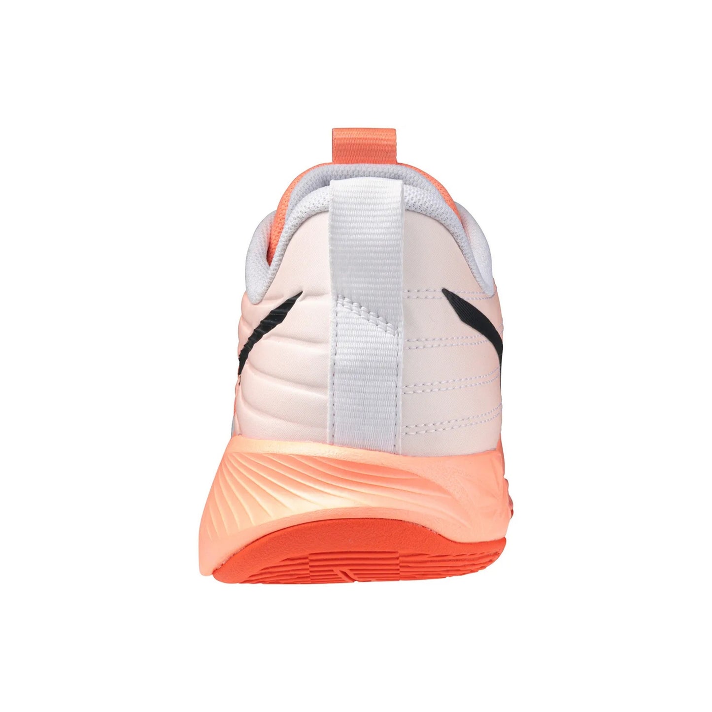 A single Mizuno squash shoe shown from the rear on a plain white background. The shoe has a white upper with black side accents, a light gray heel tab, and a bright orange sole and pull tab.