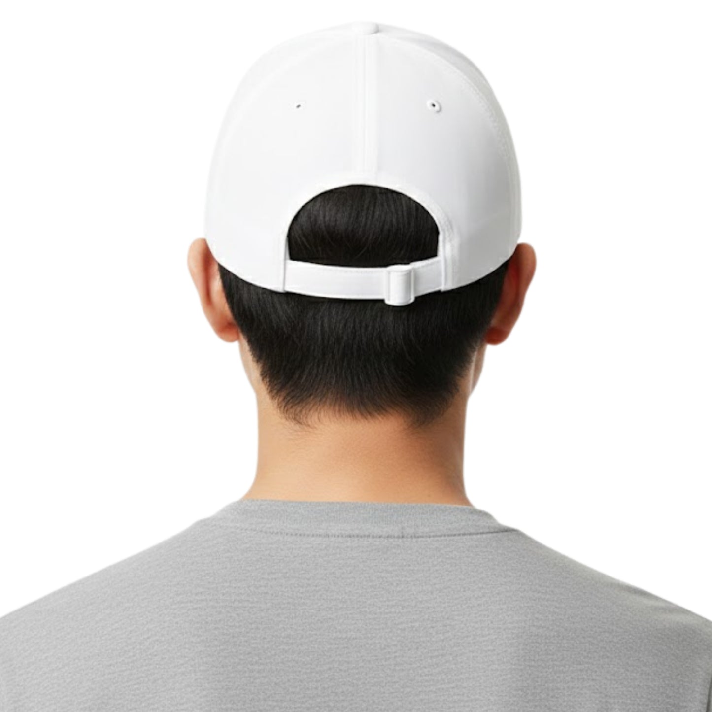 Person wearing a white cap from behind on a white background
