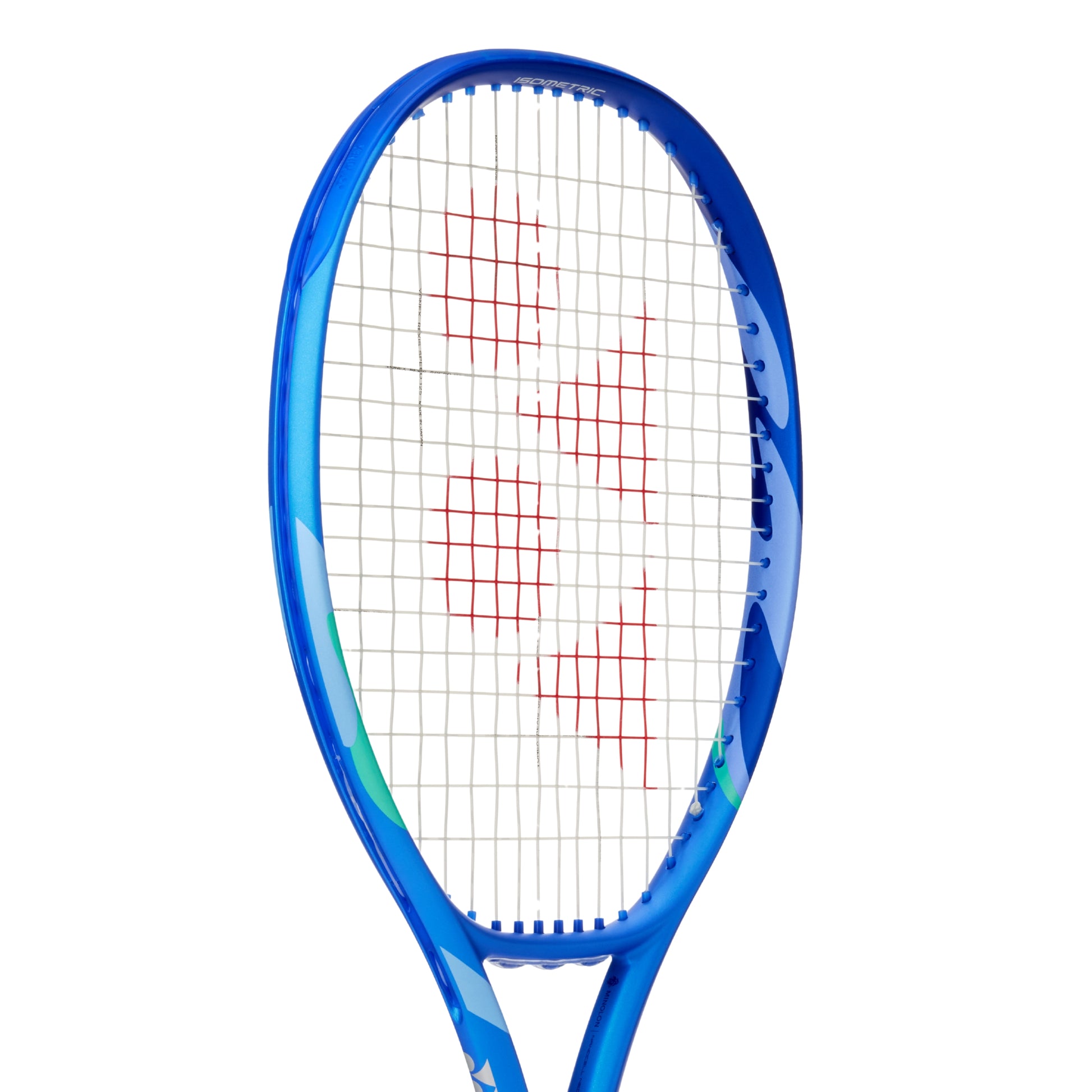 Blue Yonex tennis racket with red strings on a white background