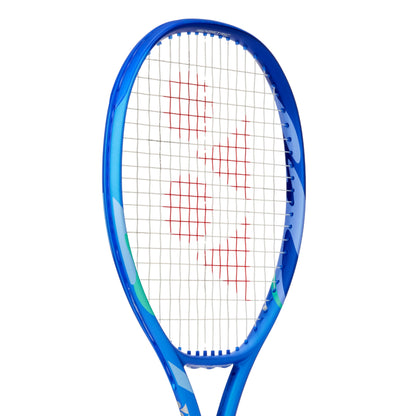 Blue Yonex tennis racket with red strings on a white background