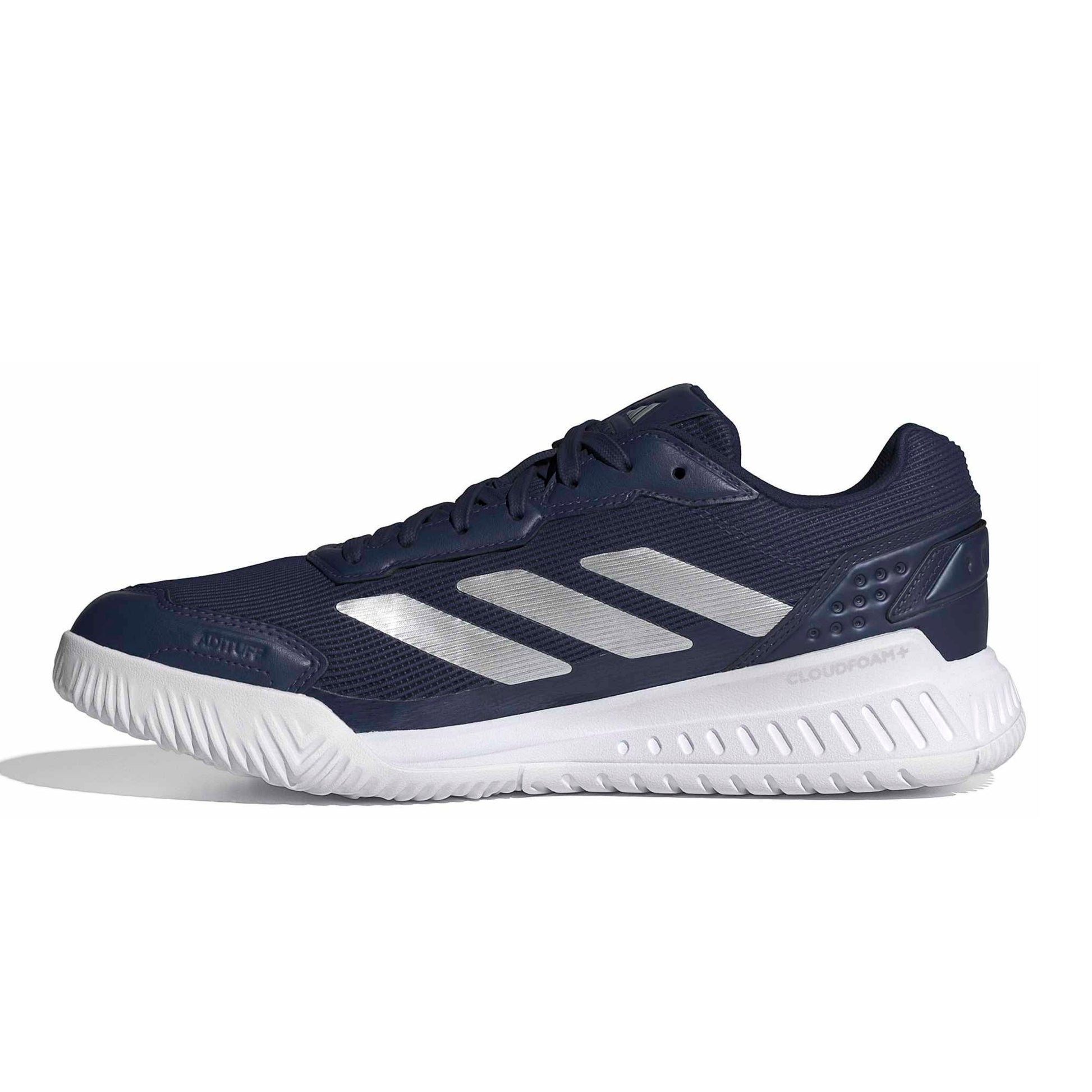 Navy adidas padel shoe with the white logo and a white sole on a white background