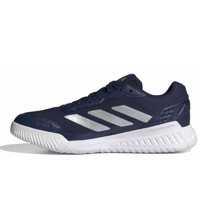 Navy adidas padel shoe with the white logo and a white sole on a white background