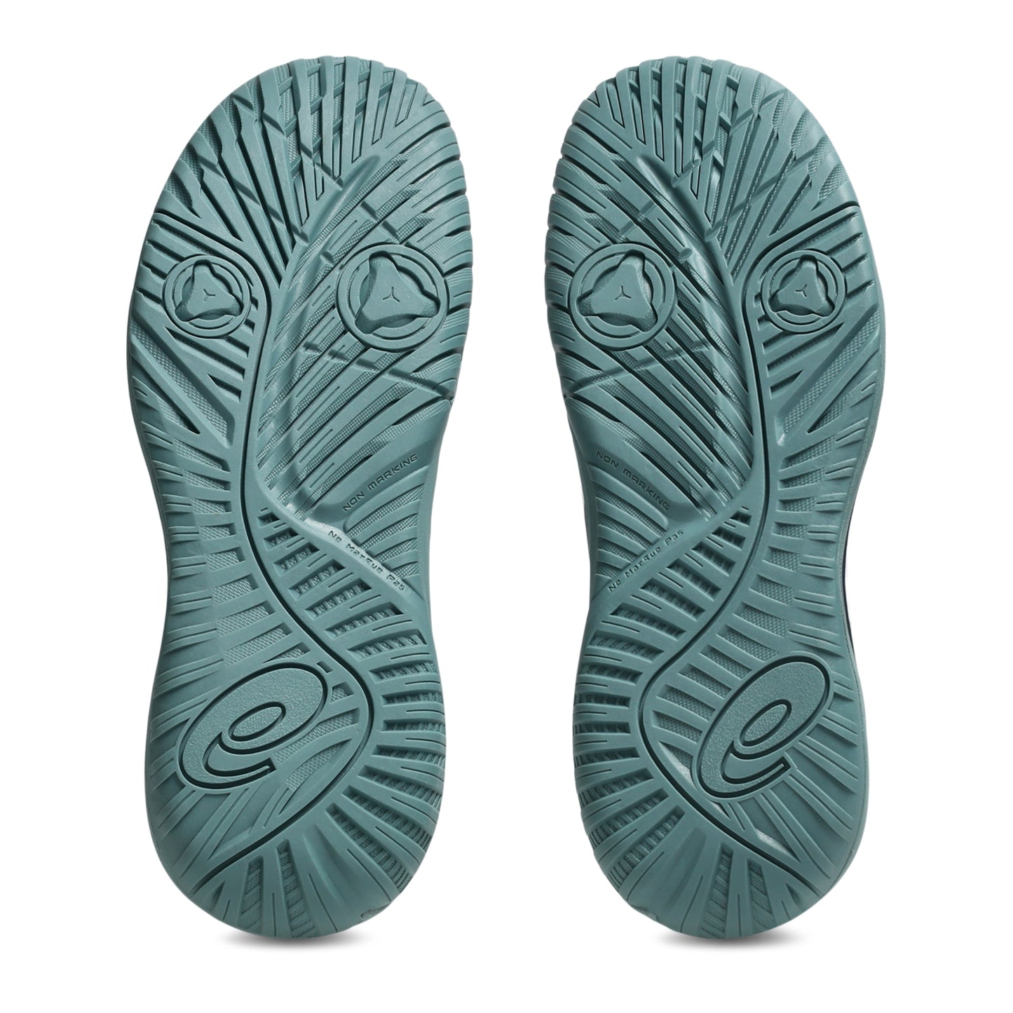 Green Asics shoe sole with a tread pattern with the Asics logo on a white background