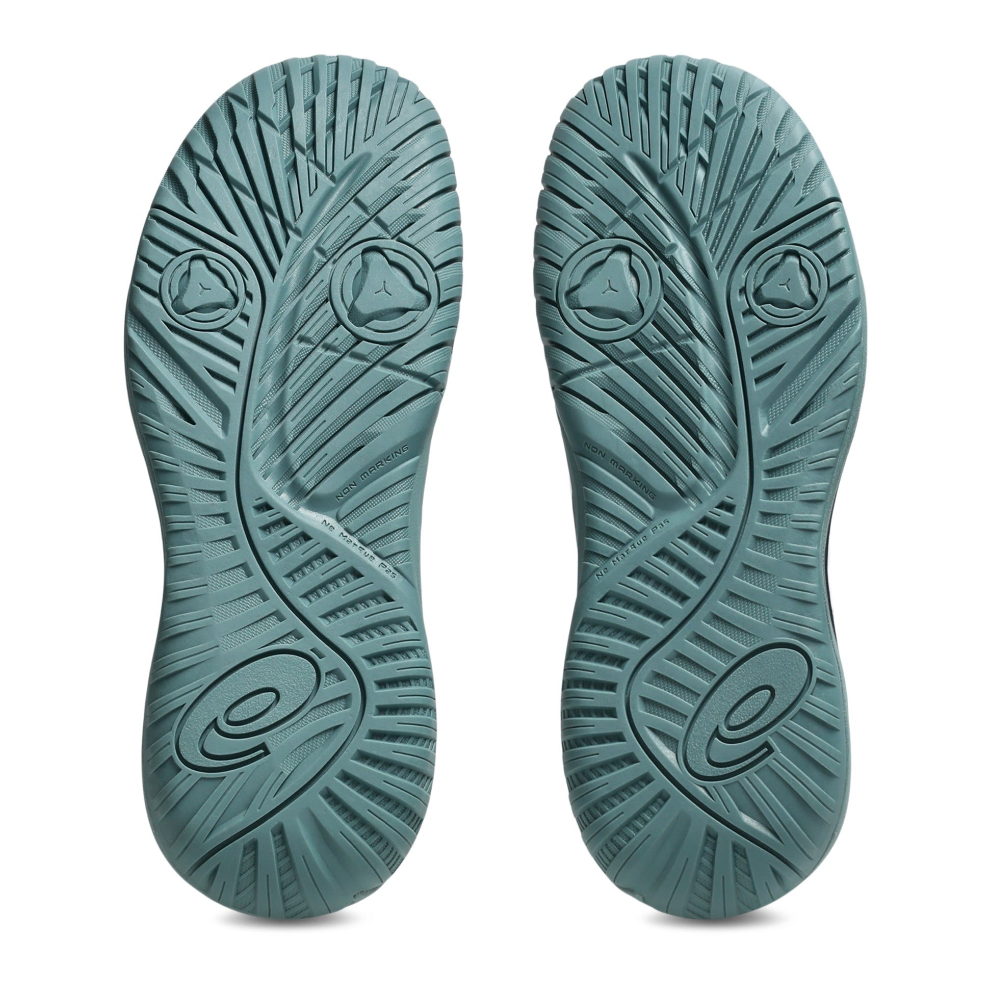 Green Asics shoe sole with a tread pattern with the Asics logo on a white background