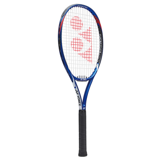 Tennis racket with a blue frame and black handle on a white background