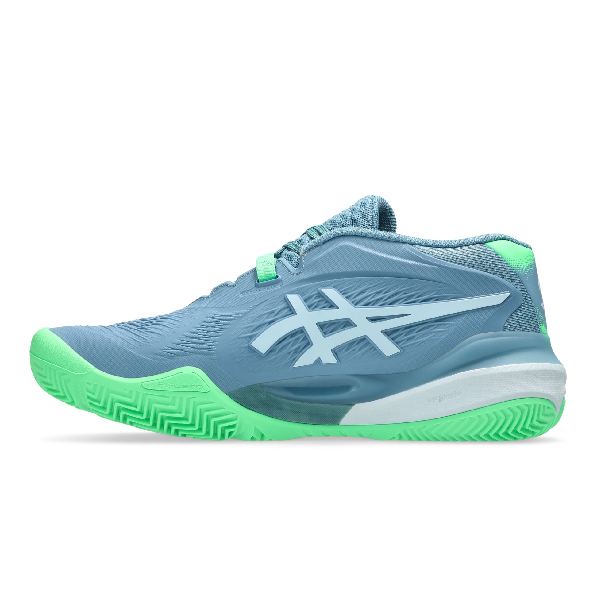 Blue and green padel shoe with white logo on a white background