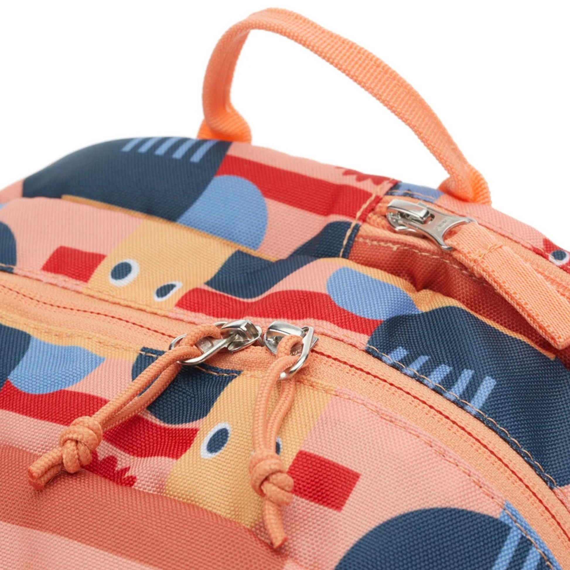 Colorful children's bag with geometric pattern and orange handle on a white background
