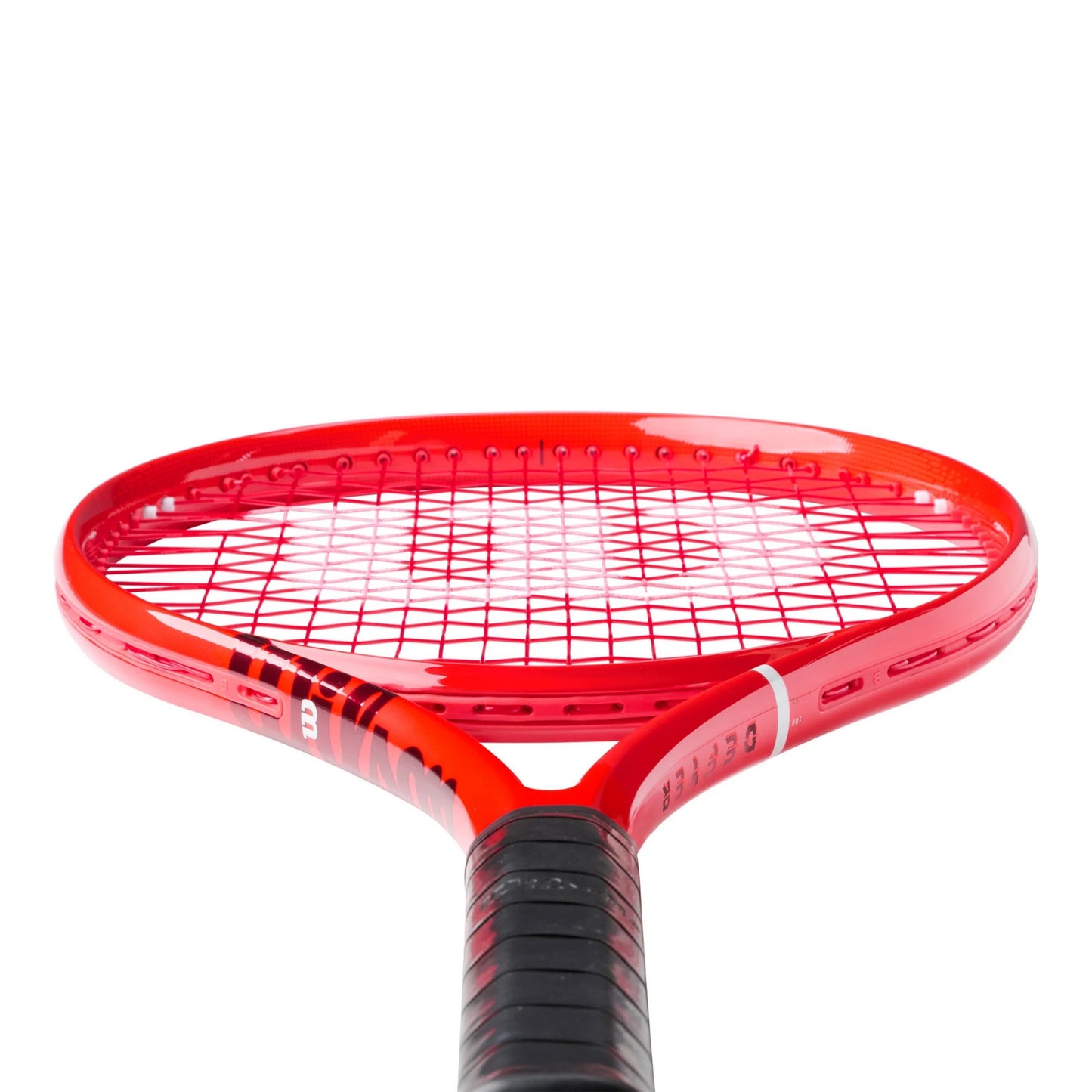 A close-up of a red Wilson tennis racket head with black and white stringing and a black grip, shown against a plain white background.