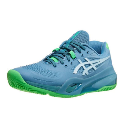 Blue and green padel shoe with white logo on a white background