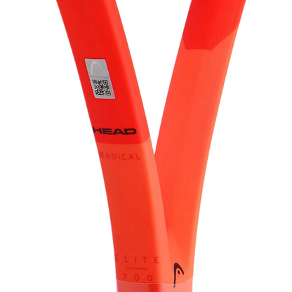 Close-up of the upper section of a orange Head tennis racket frame, showing the HEAD brand name, a QR code sticker, and model text on a white background.
